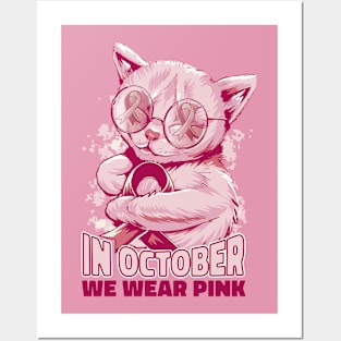 In October We Wear Pink Cute Cat Ribbon Posters and Art